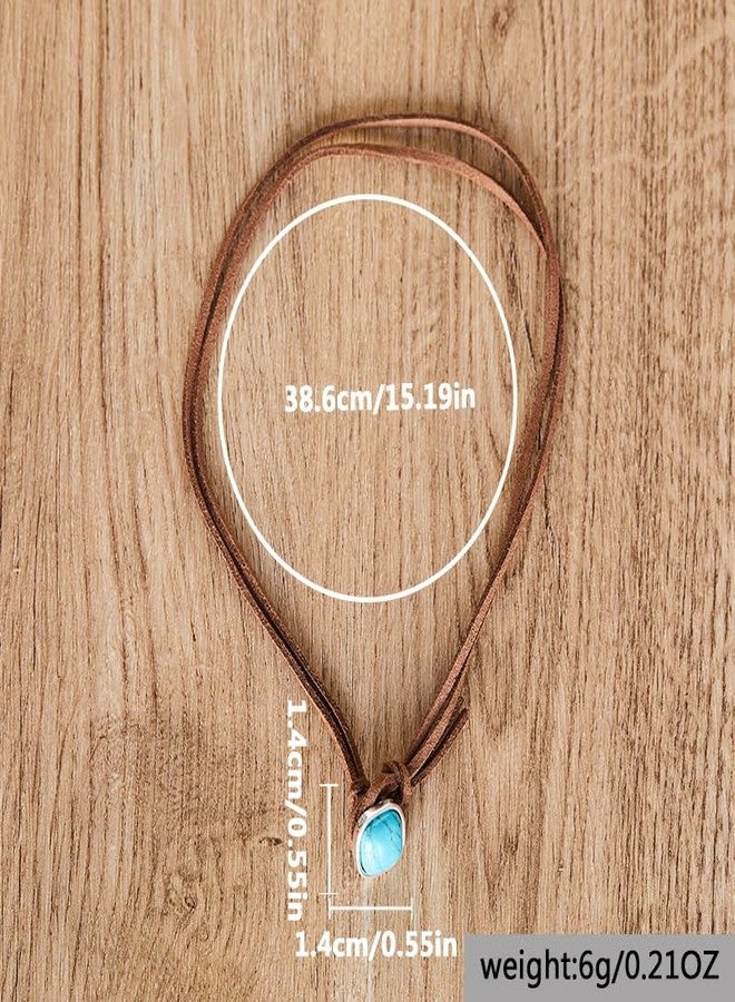 POYAMUSE Turquoise Suede Choker Necklace - Western Cowgirl Jewelry for Women, Boho Layered Faux Leather Necklace for Women - Round - Image 3